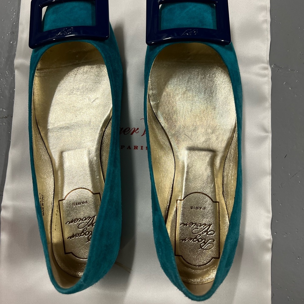 Roger Vivier Turquoise Flats with Navy Buckle